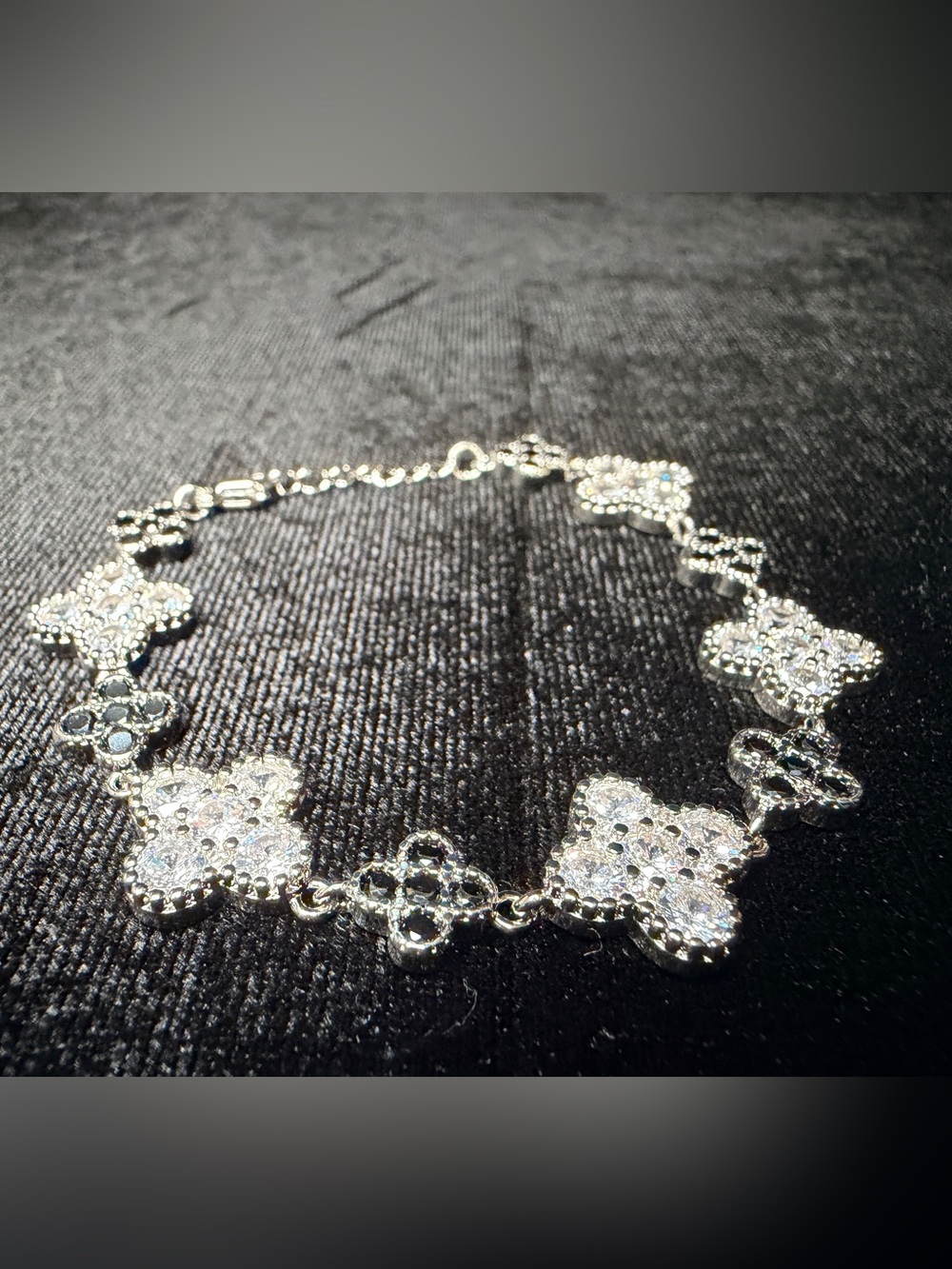 AAA CZ & Black Onyx 14K GP Clover Pave Cable link Charm Bracelet 6.5-7.5 in.